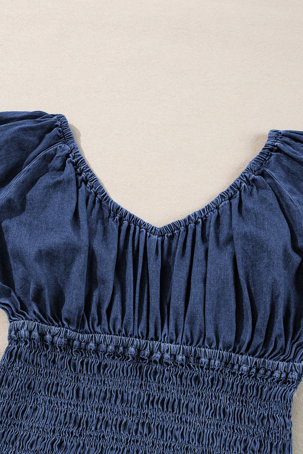 Ruffled Puff Sleeve V Neck Denim Blouse: Dark Blue