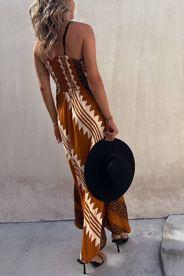 Ethnic Print Slip Midi Dress: Brown