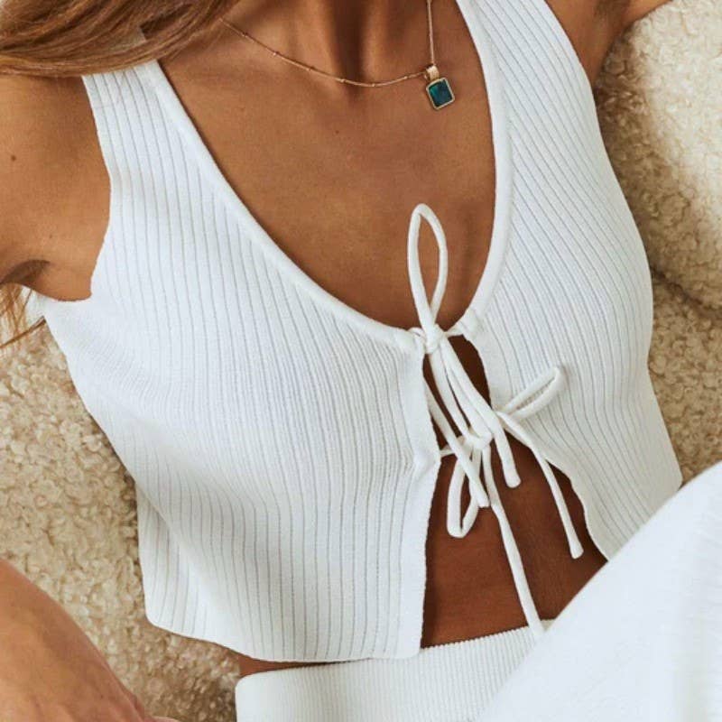 Knit Pit Stripe Lace Up Tank Top: White