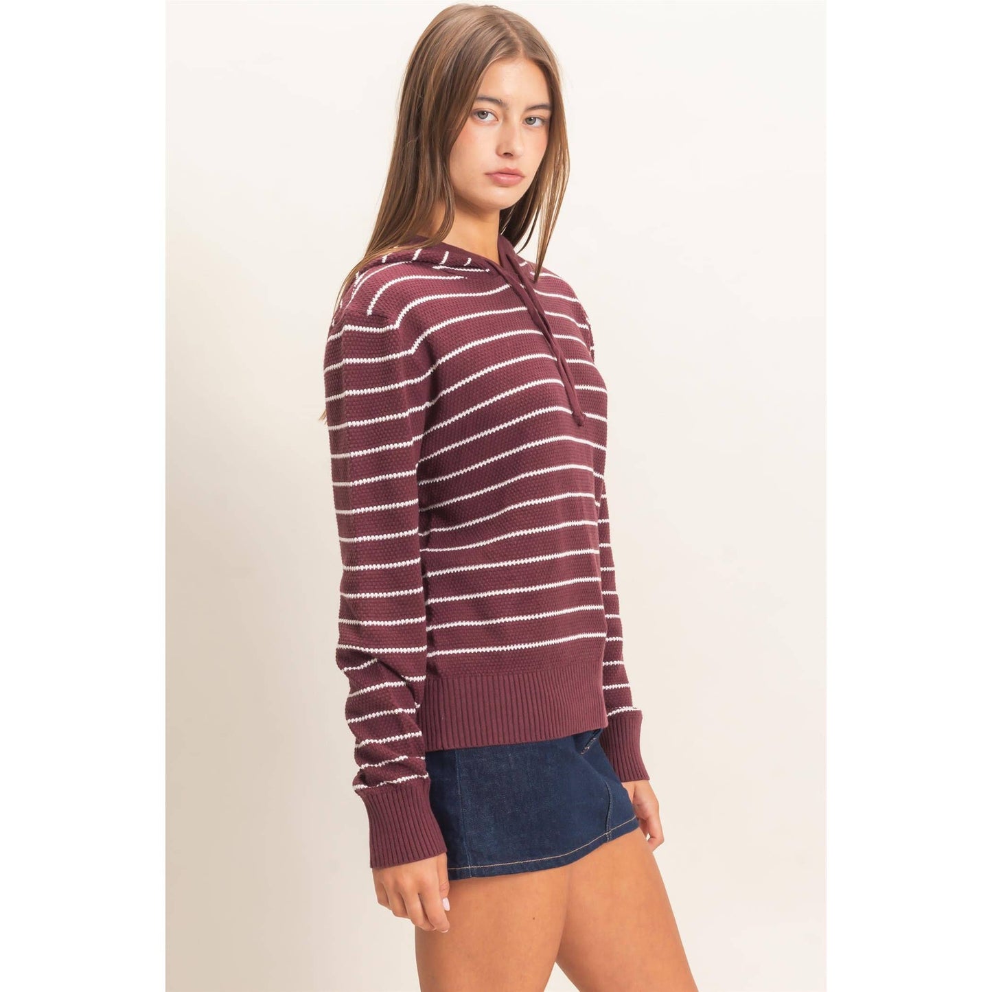 Striped Hooded Sweater: DARK CHERRY