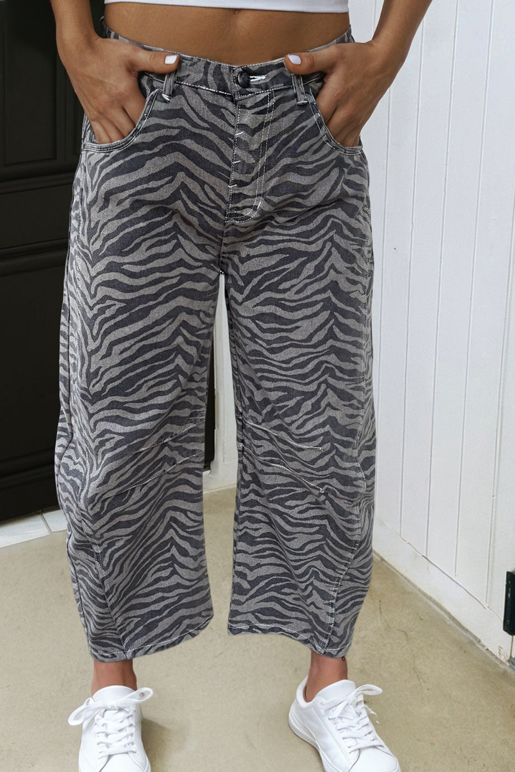 Zebra Printed Barrel Jeans