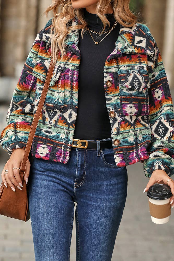 Western Aztec Pattern Button Up Fleece Crop Jacket