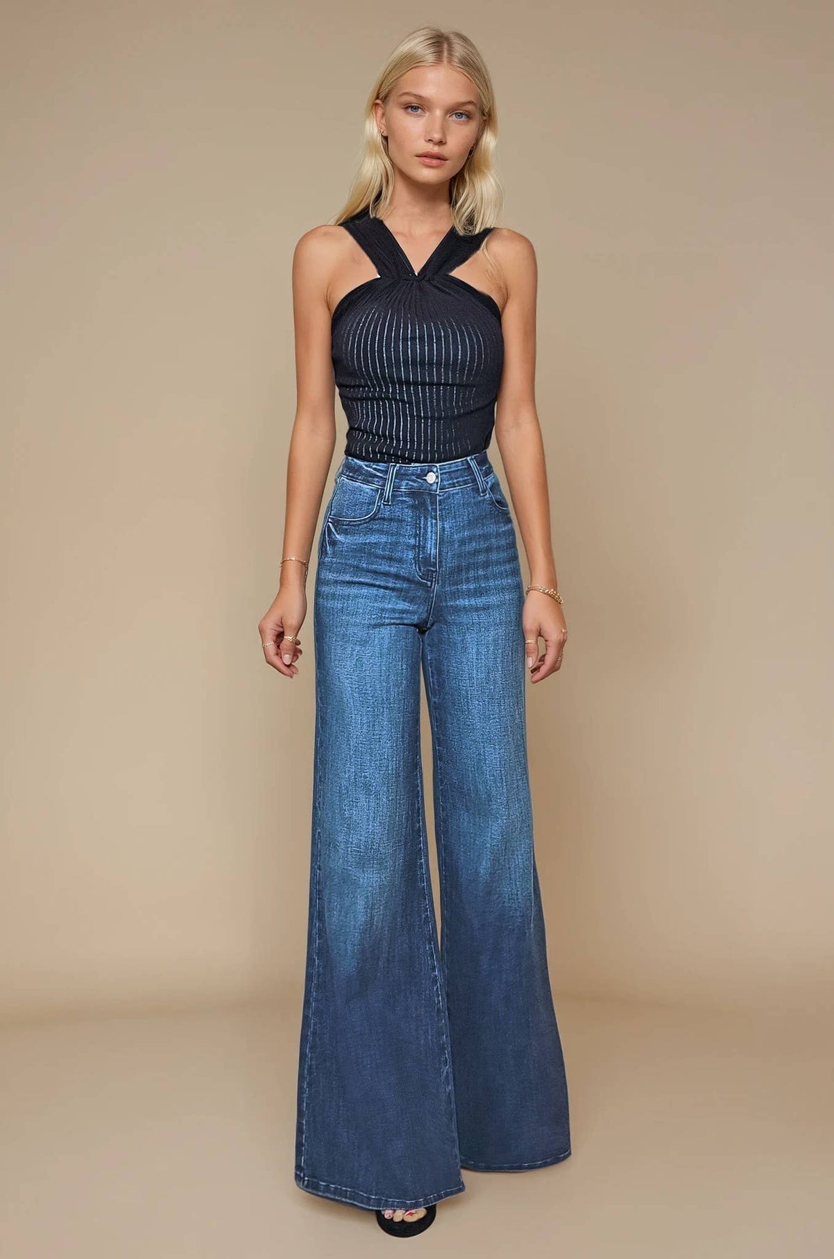 WIDE LEG TWO TONE WASHED JEANS