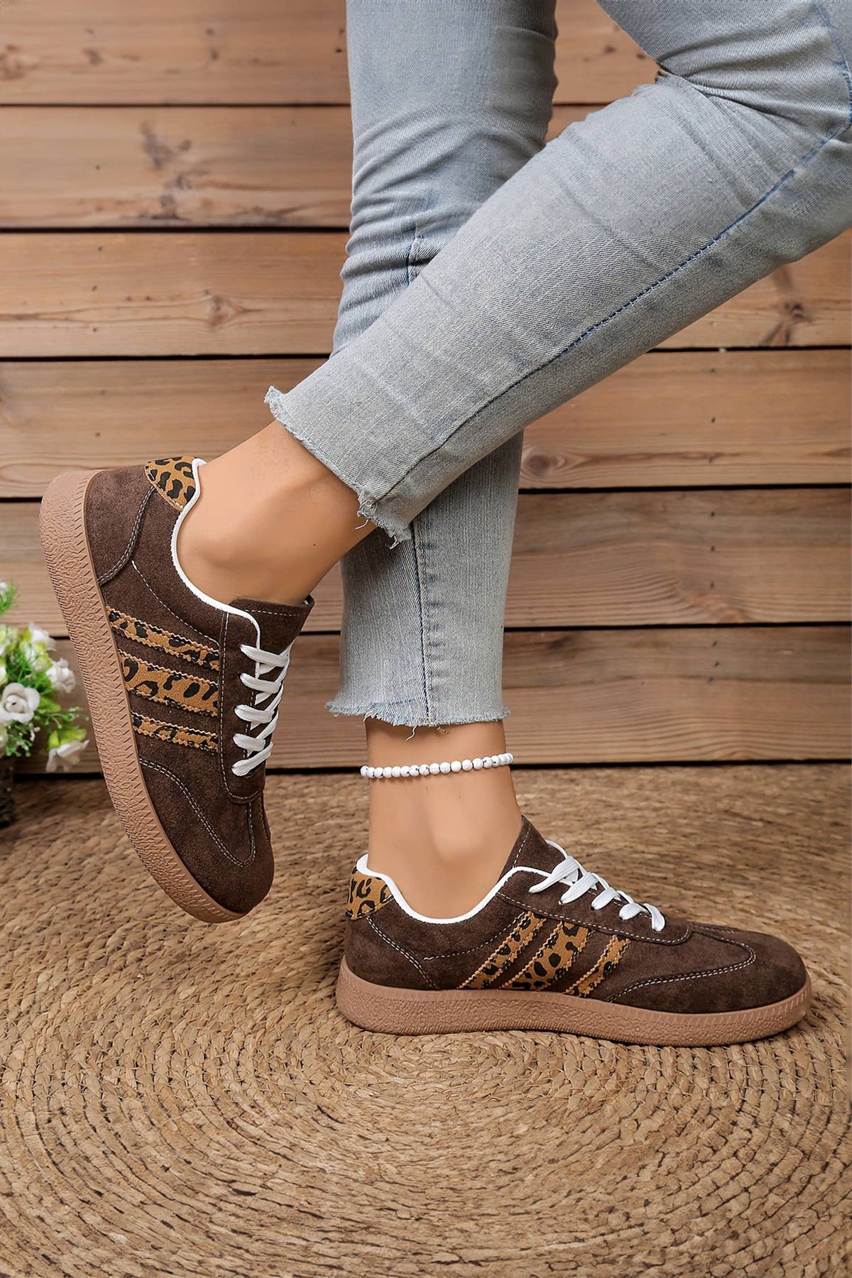 Leopard Patchwork Detail Faux Suede Shoes | Coffee
