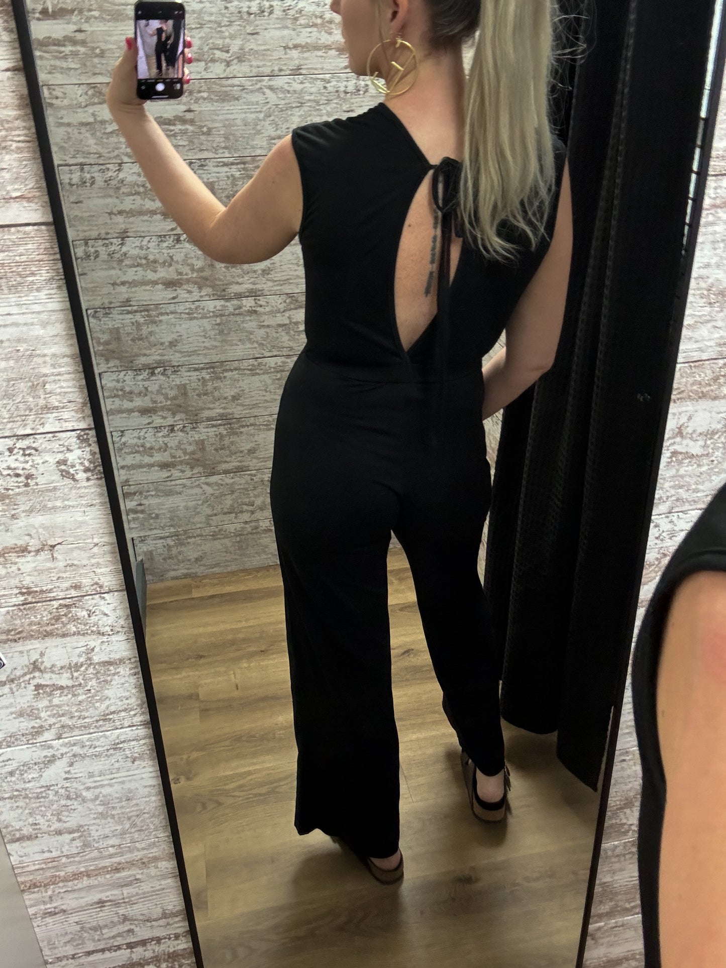 Twist Knot Wide Leg Round Neck One Piece Jumpsuit: Black