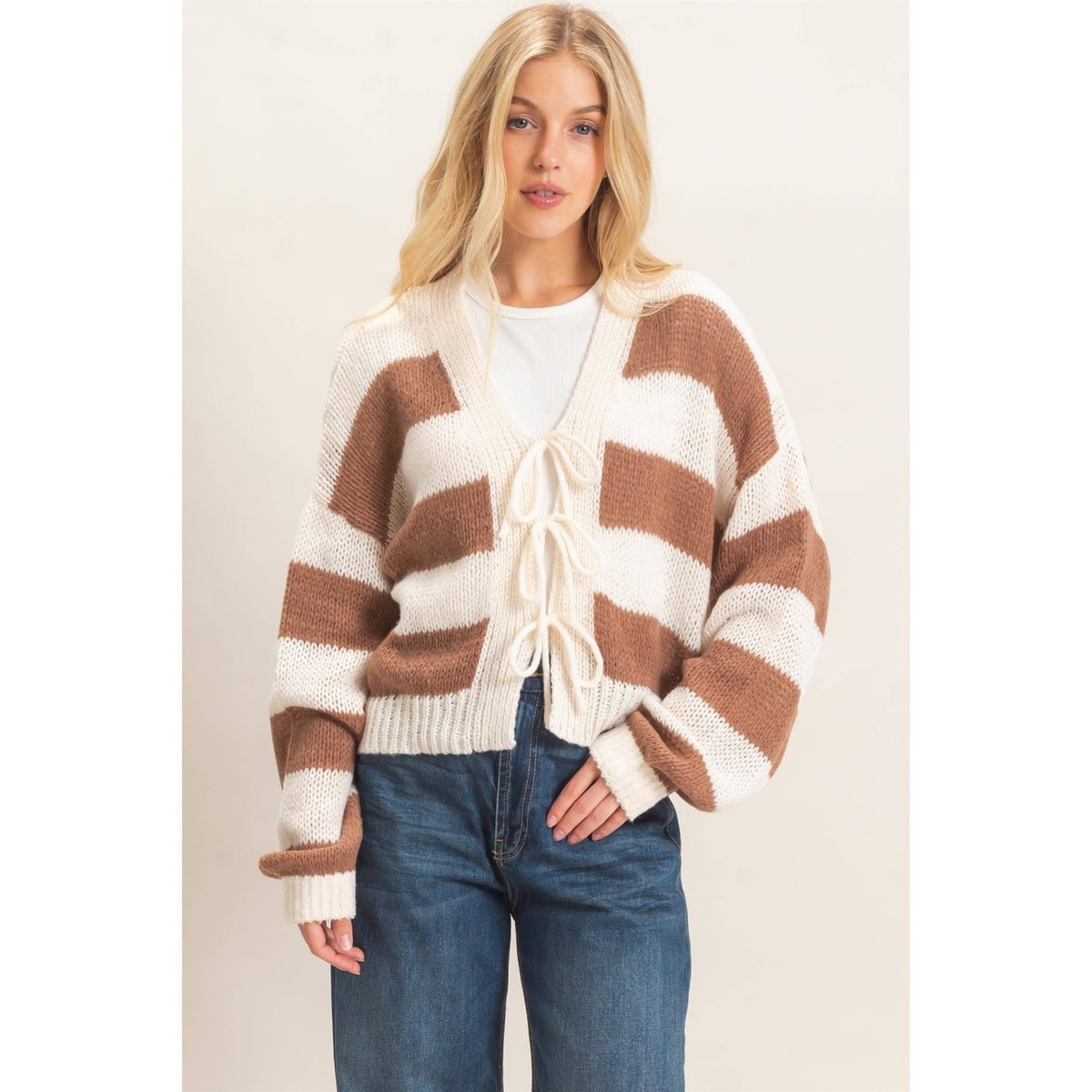Striped V-Neck Sweater Cardigan: BROWN