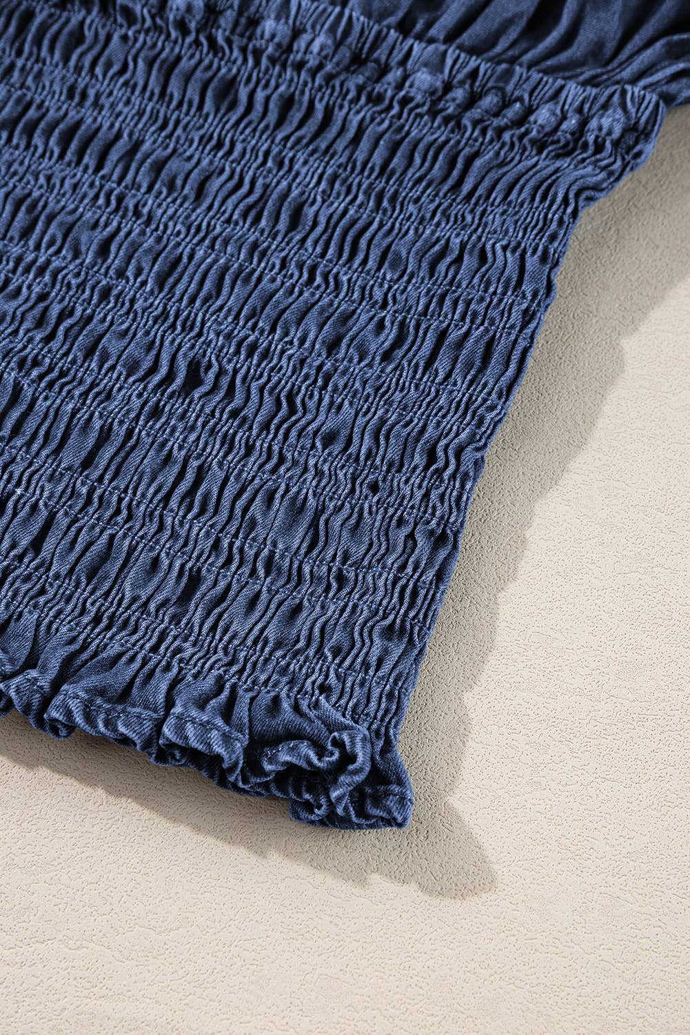 Ruffled Puff Sleeve V Neck Denim Blouse: Dark Blue