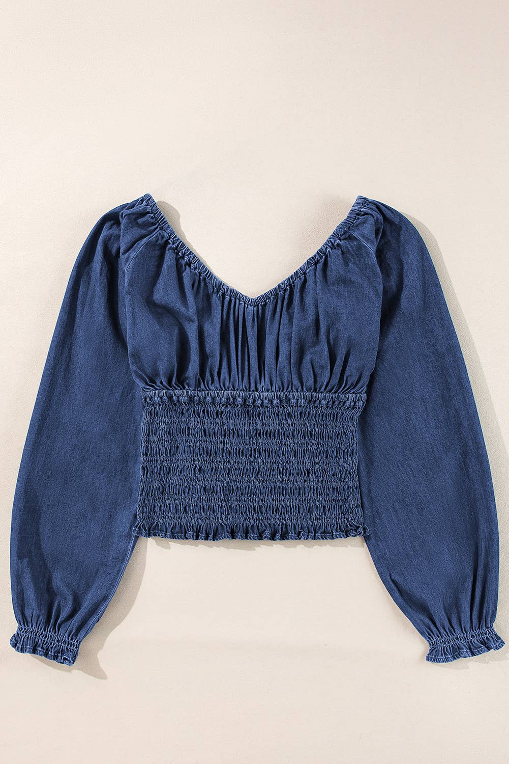 Ruffled Puff Sleeve V Neck Denim Blouse: Dark Blue