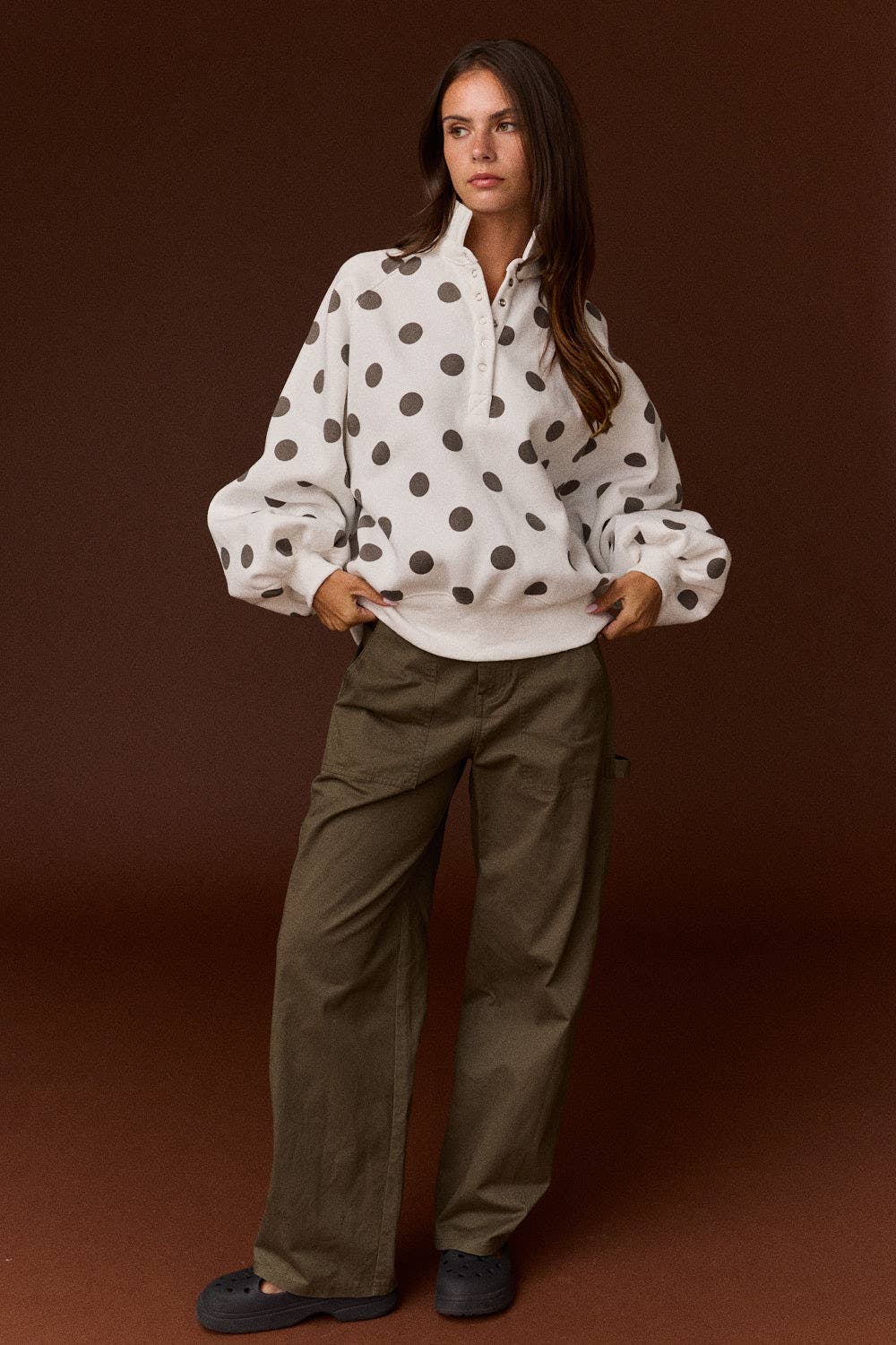 Collar Half-Snap Button  Polka Dot Sweatshirt: WHITE/BROWN DOT