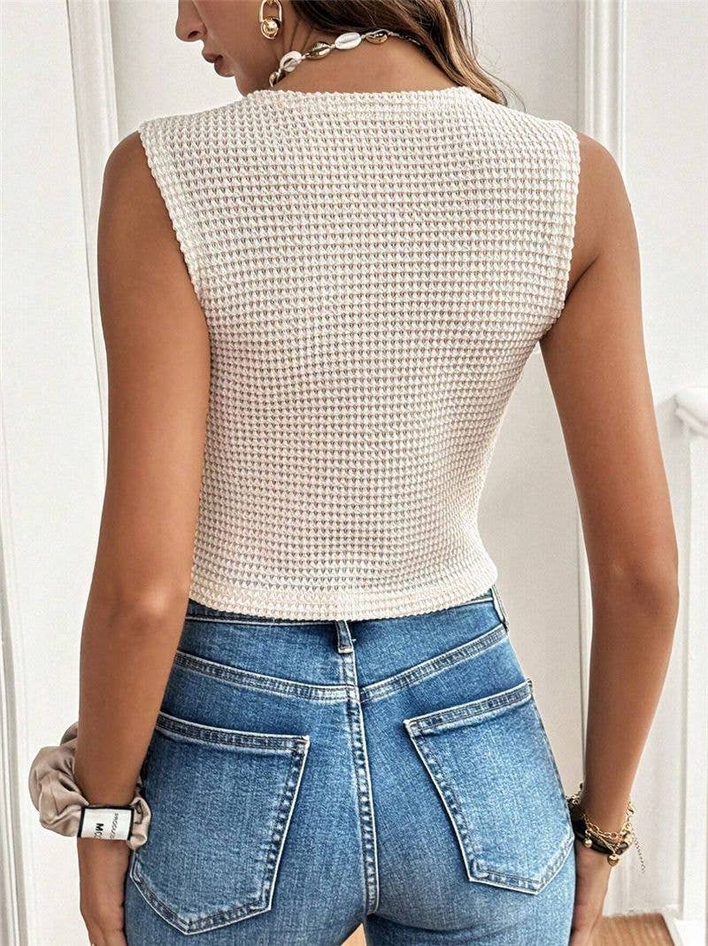 Textured Waistcoat Buttoned Tank Top: White