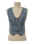 Hottie Sleeveless Single-Breasted V-Neck Denim Tank Top: Black