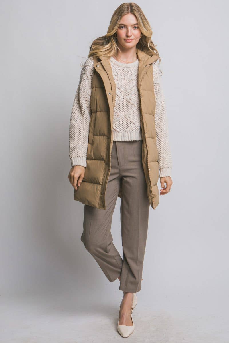 Hooded Long Quilted Puffer Vest: BLACK