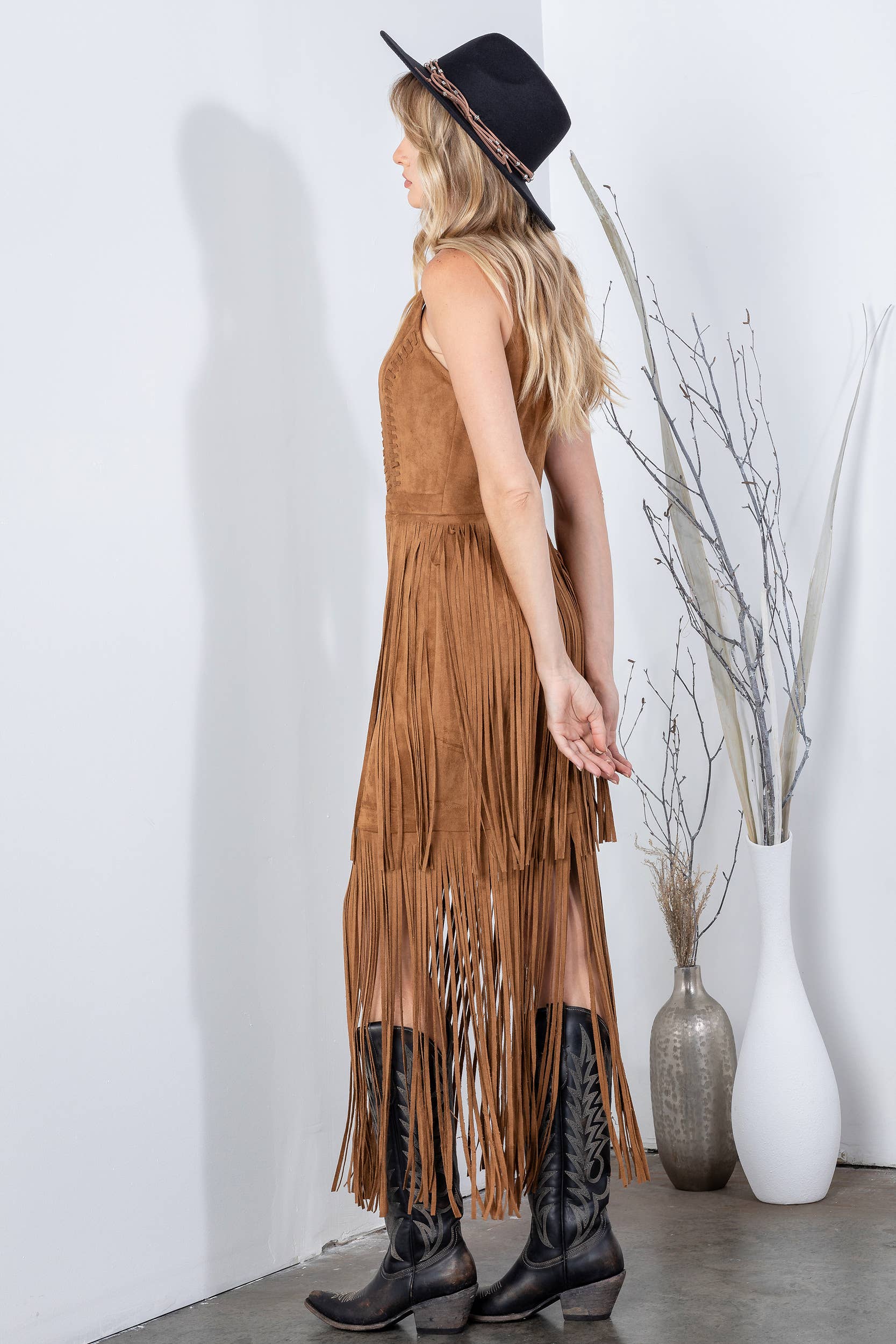SOUTHERN FRINGE SUEDE DRESS: BLACK