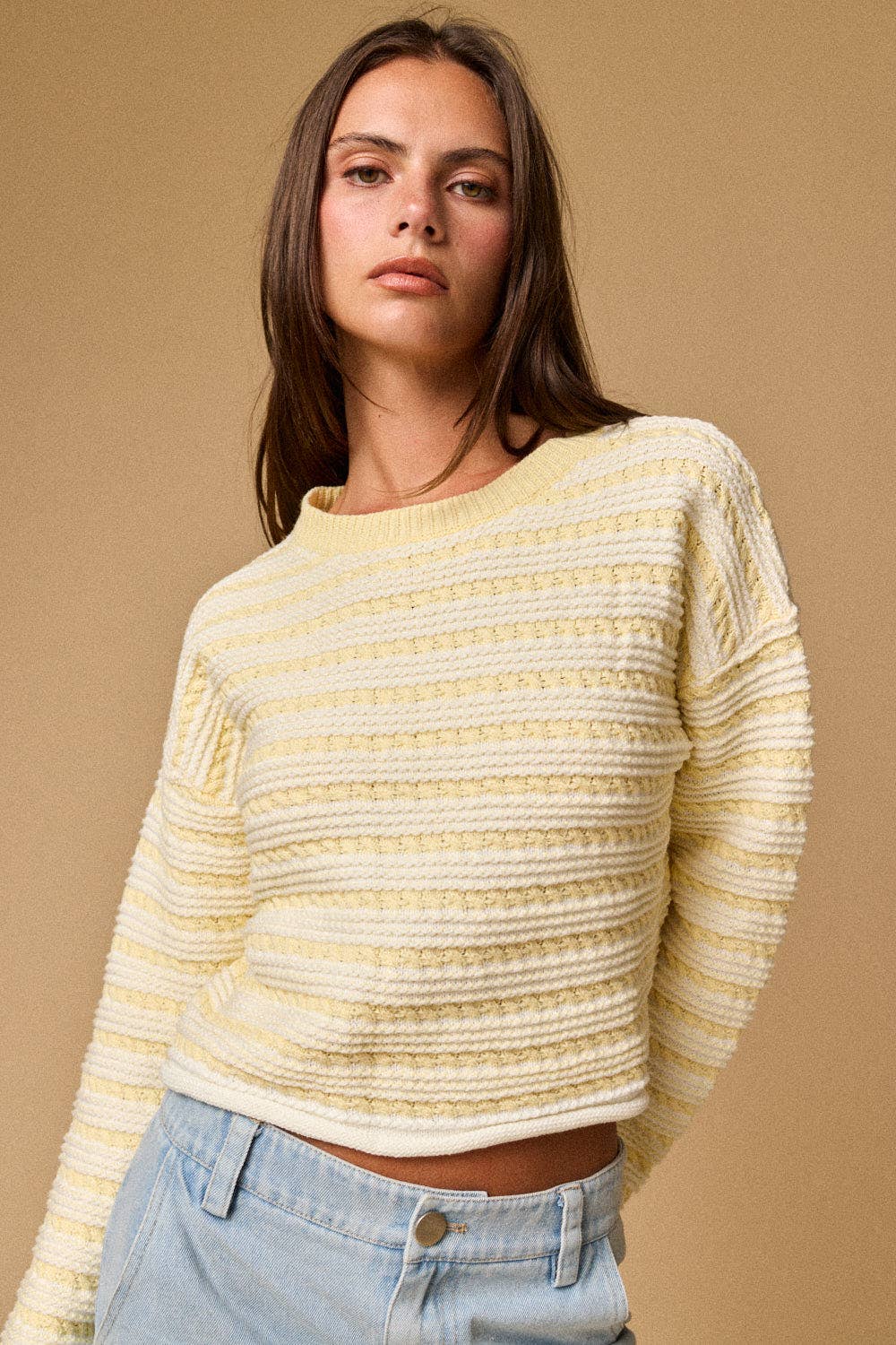 PT19289 - Textured Stripe Cropped Knit Top: YELLOW /