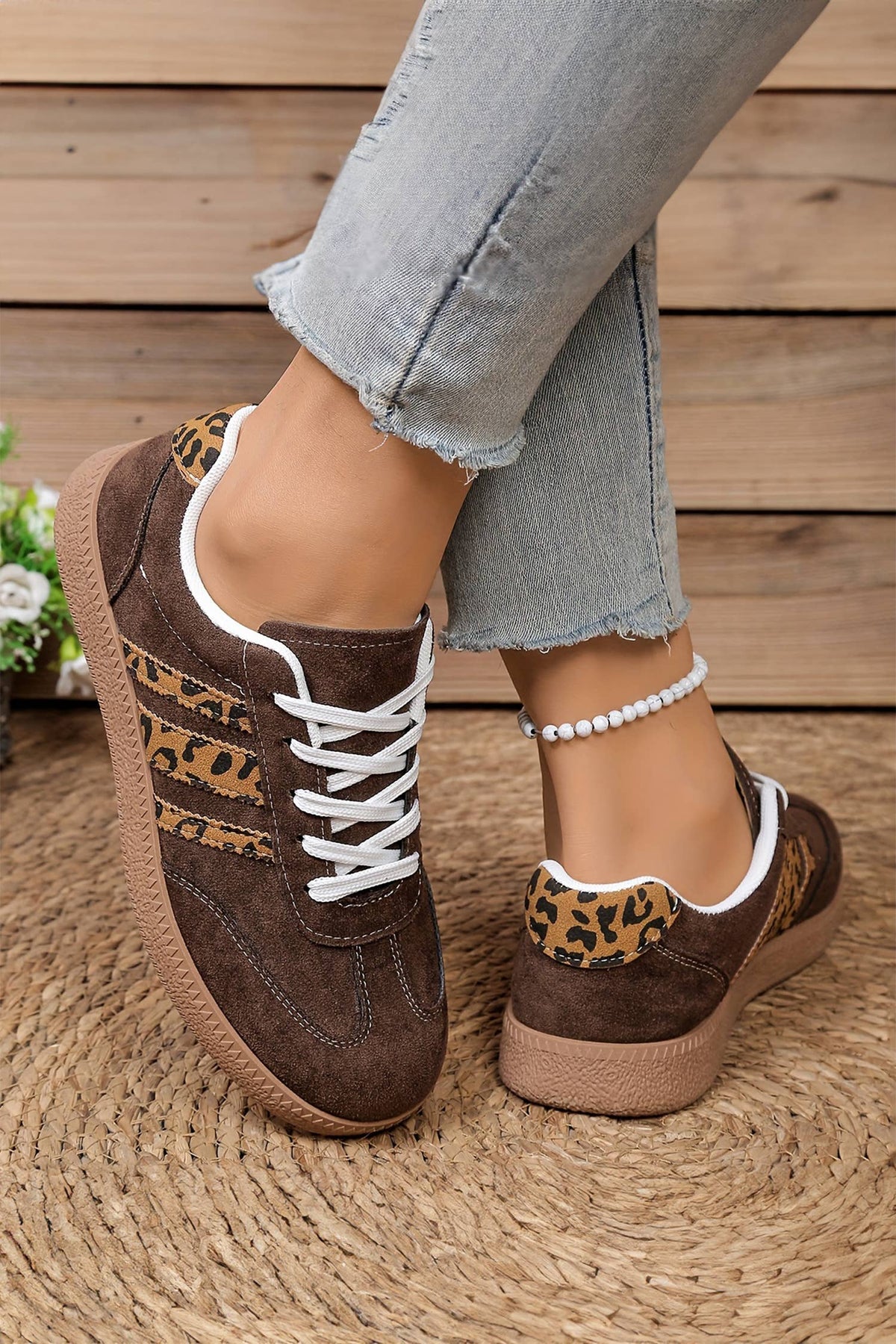 Leopard Patchwork Detail Faux Suede Shoes | Coffee