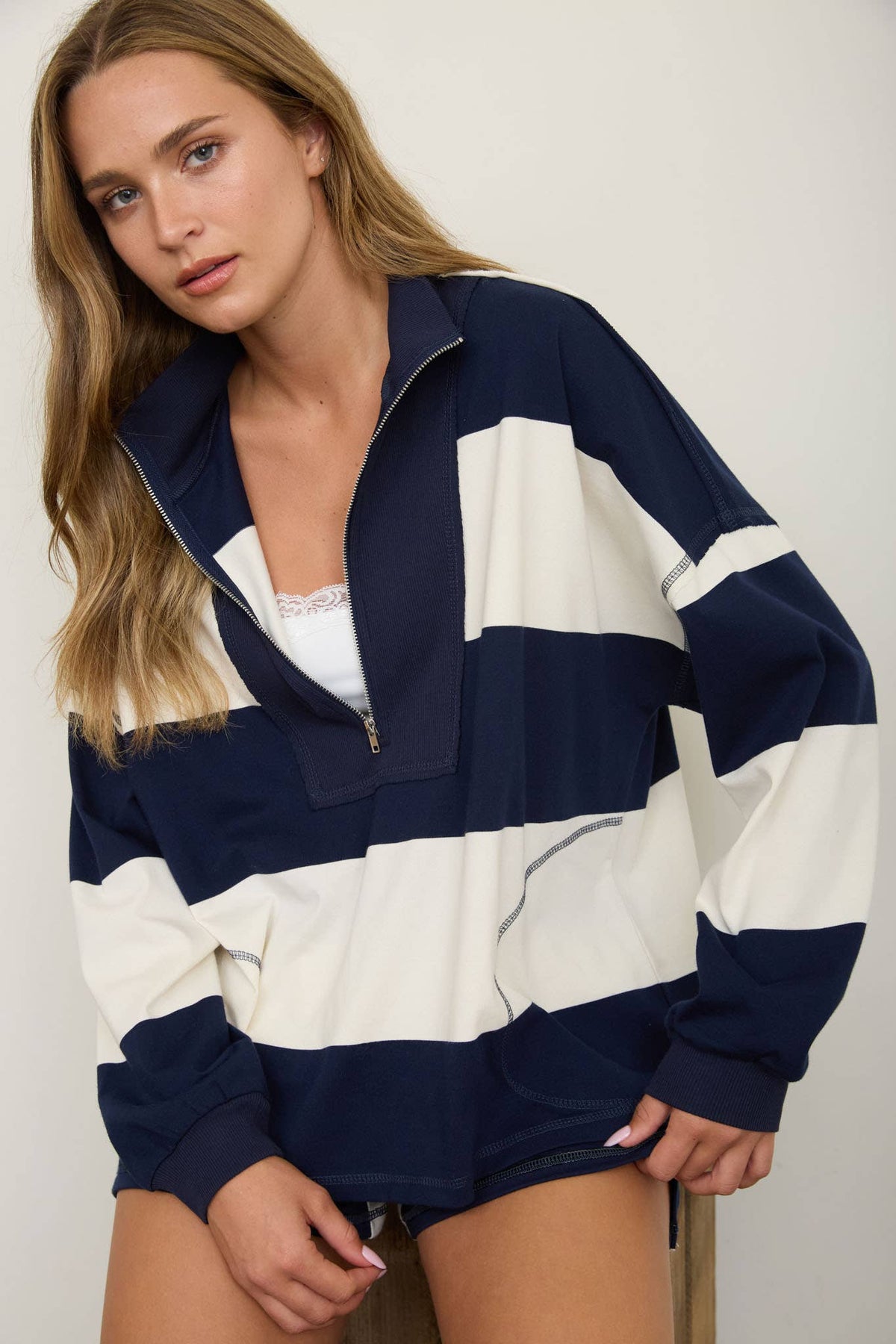 WIDE STRIPE HALF ZIP: NAVY