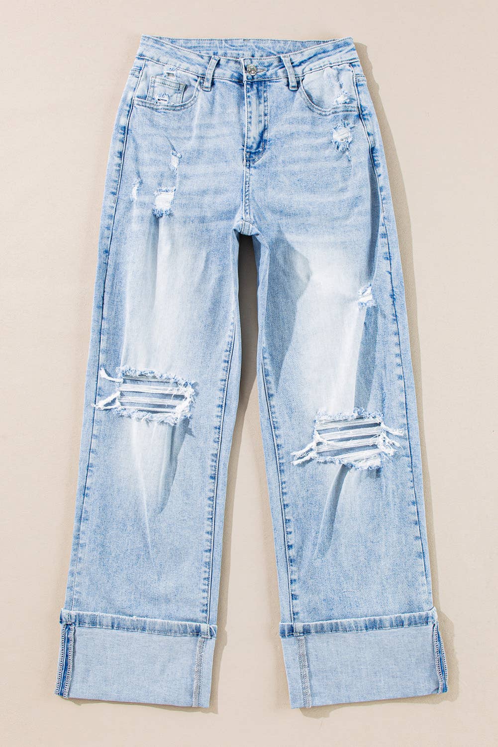 Light Wash Distressed Cuffed Jeans