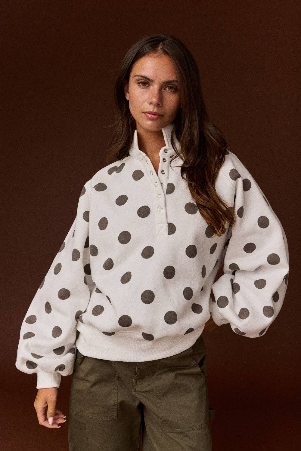 Collar Half-Snap Button  Polka Dot Sweatshirt: WHITE/BROWN DOT