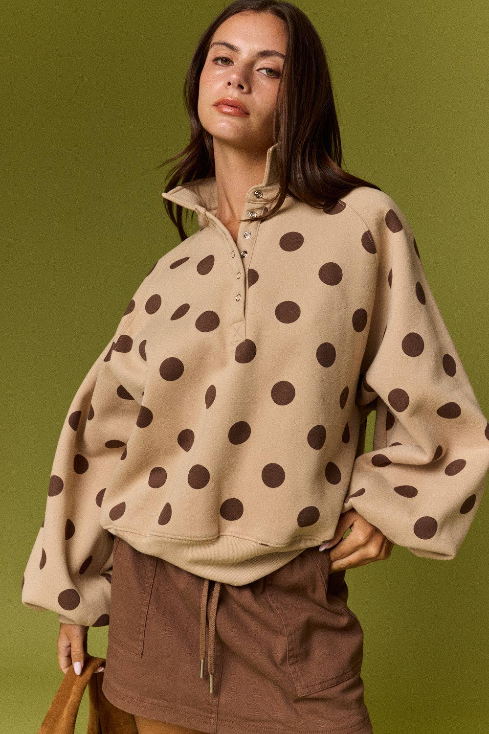 Collar Half-Snap Button  Polka Dot Sweatshirt: WHITE/BROWN DOT