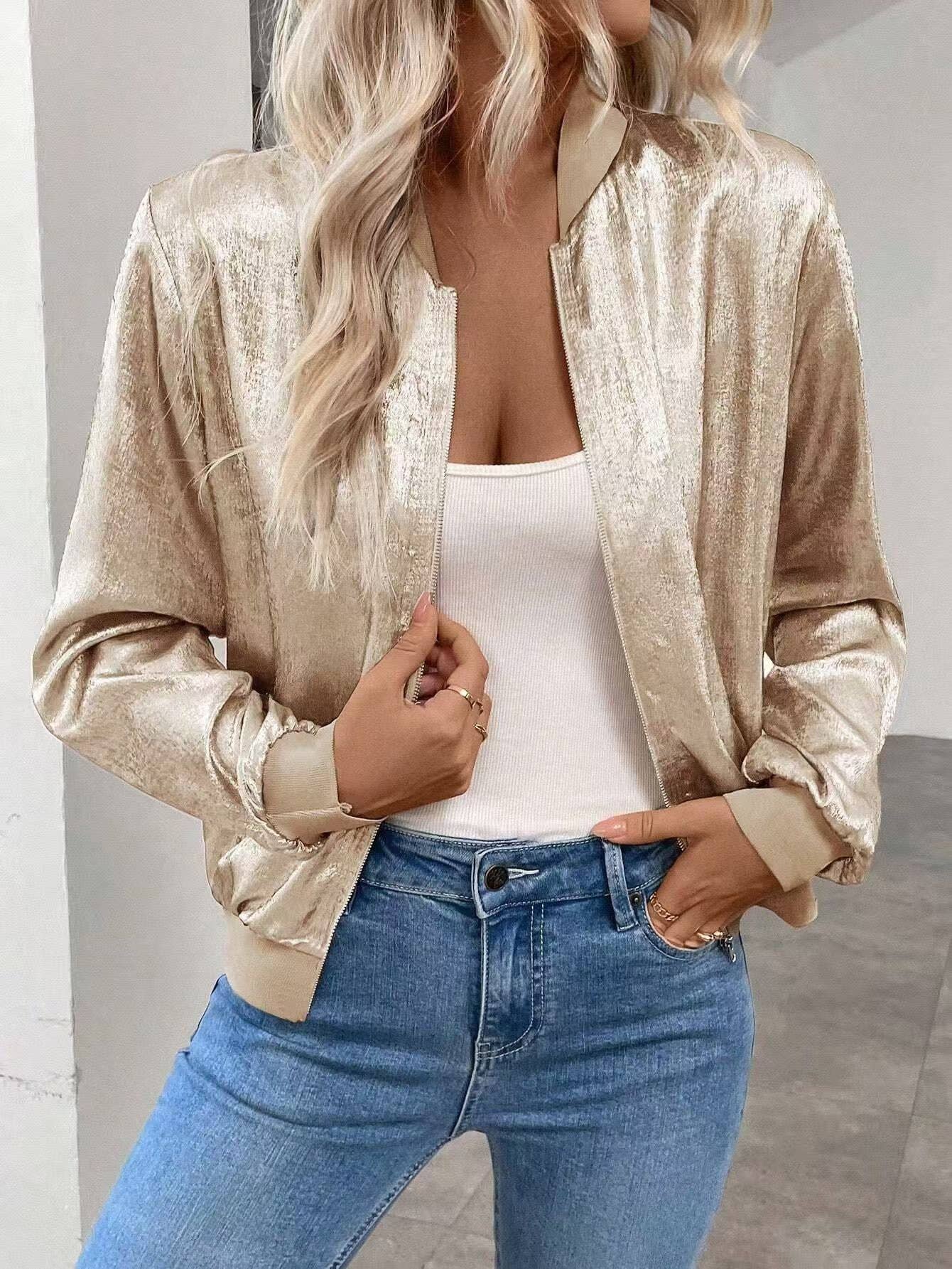 Champagne Zipper Cropped Jacket