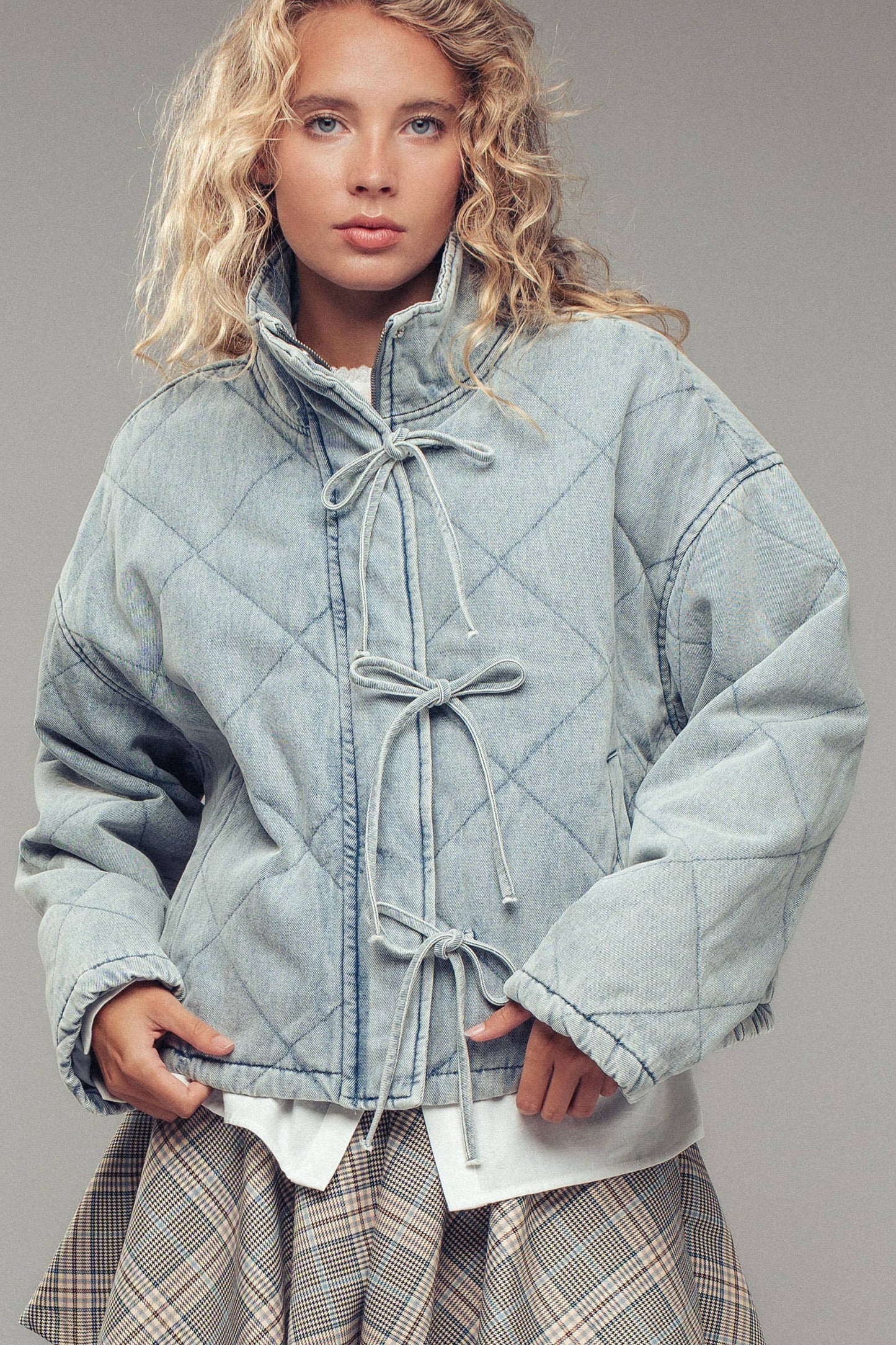 Oversized Quilted Denim Tie-Front Jacket