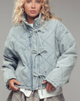 Oversized Quilted Denim Tie-Front Jacket: LT DENIM