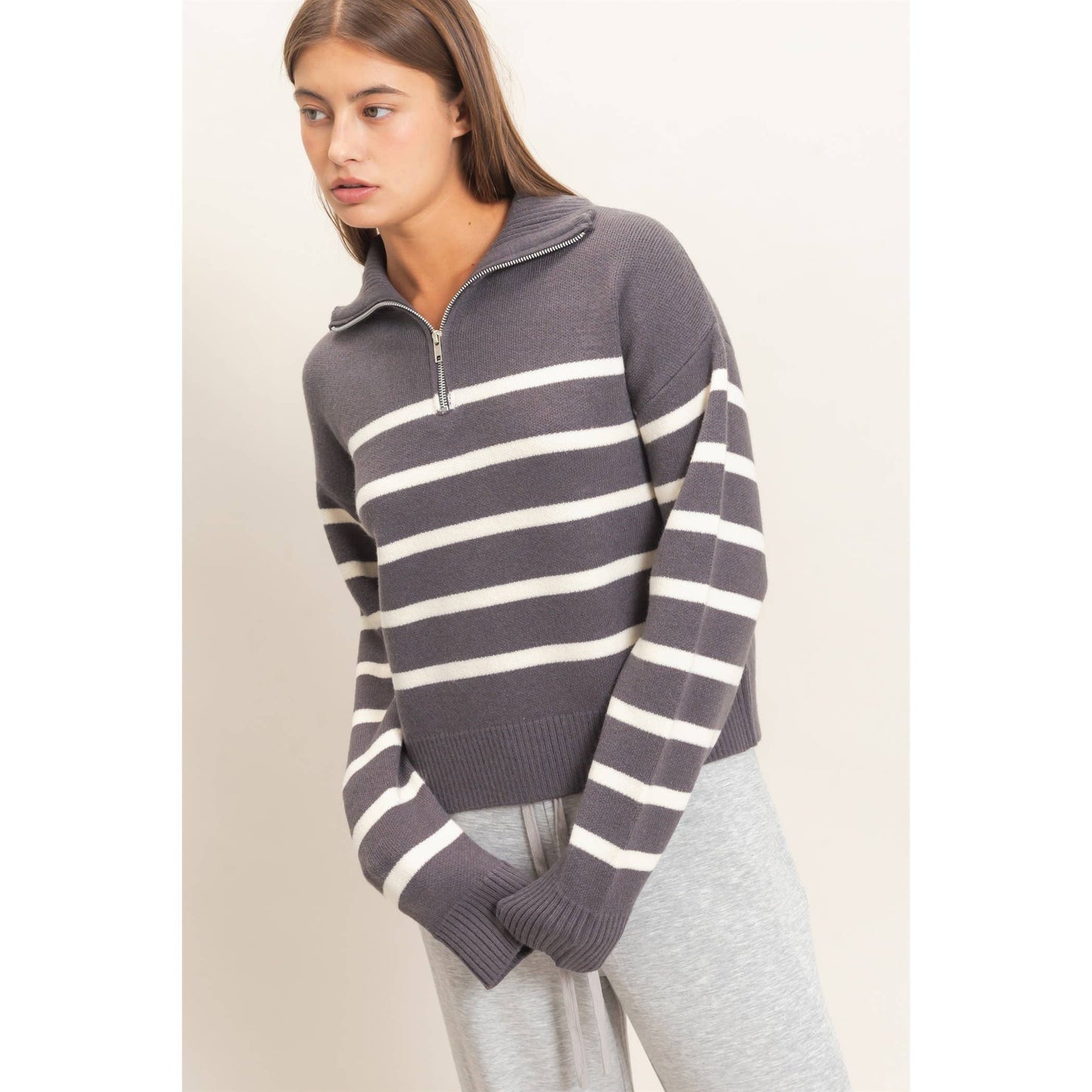Half-Zip Collared Stripe Sweater: CHARCOAL