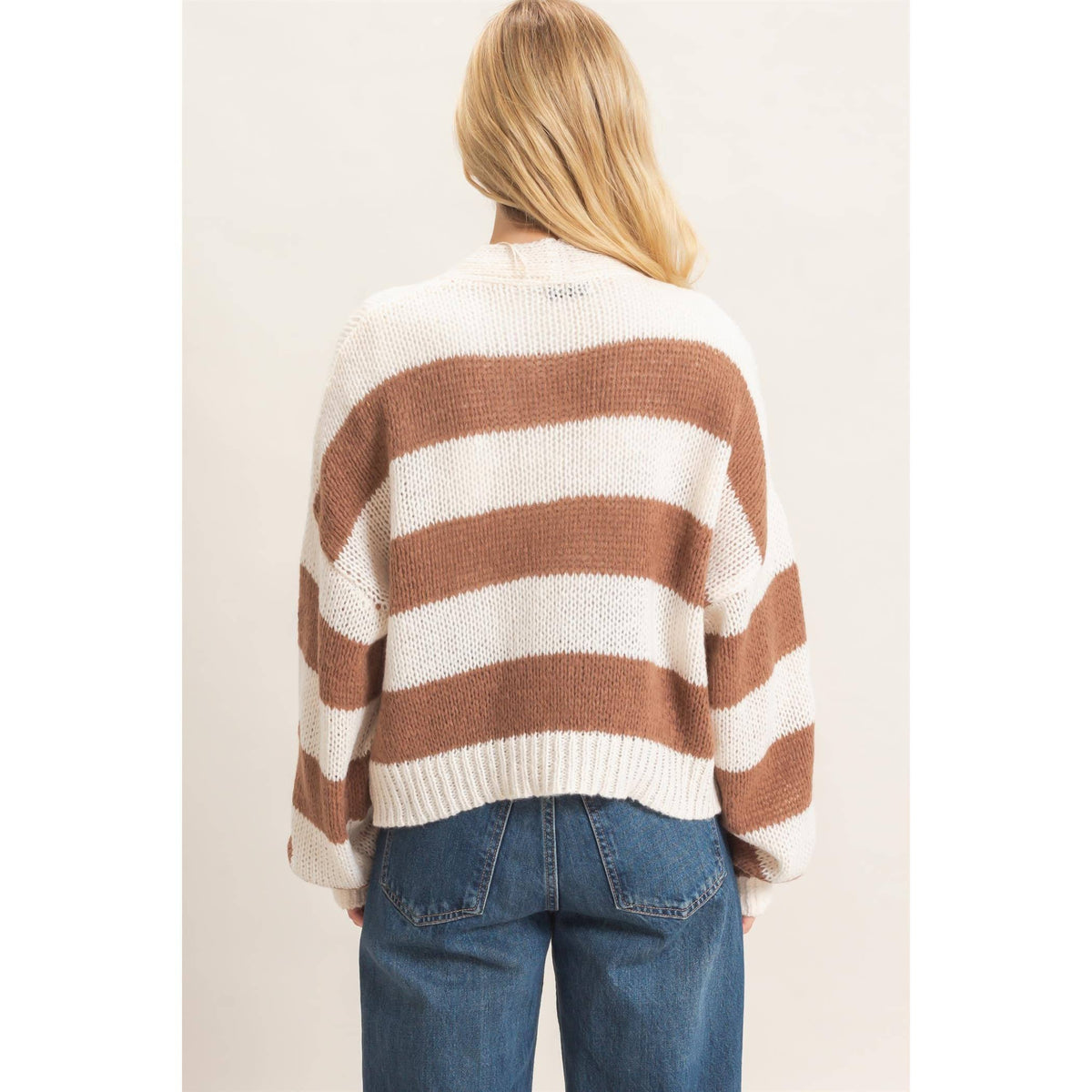 Striped V-Neck Sweater Cardigan: BROWN
