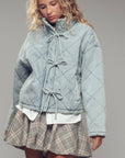 Oversized Quilted Denim Tie-Front Jacket: LT DENIM