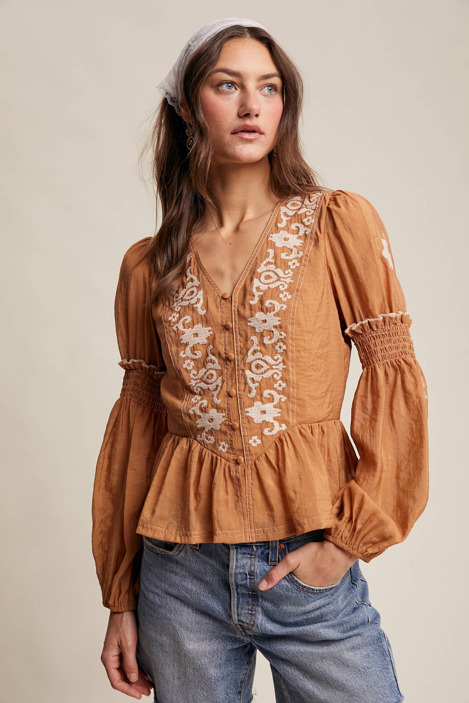 Embroidered Peplum Blouse LT1433: Navy