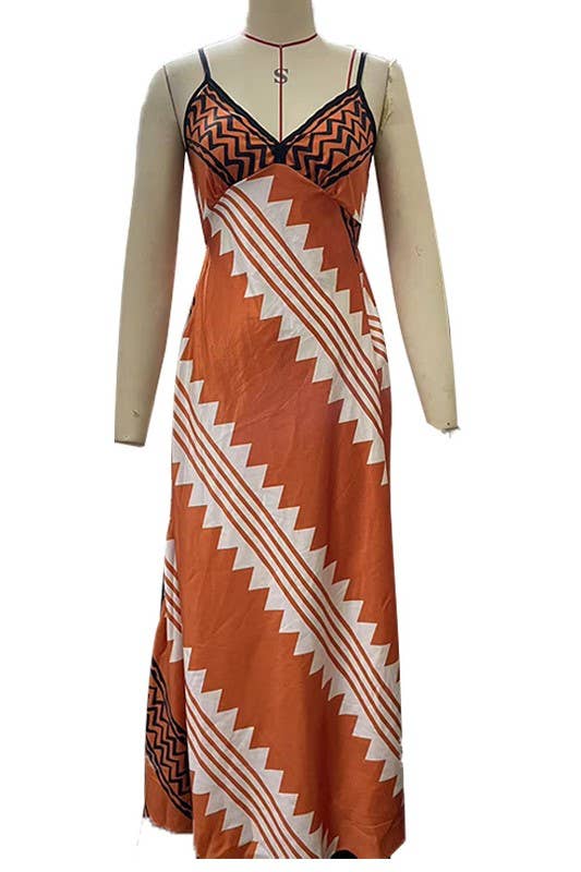 Ethnic Print Slip Midi Dress: Brown