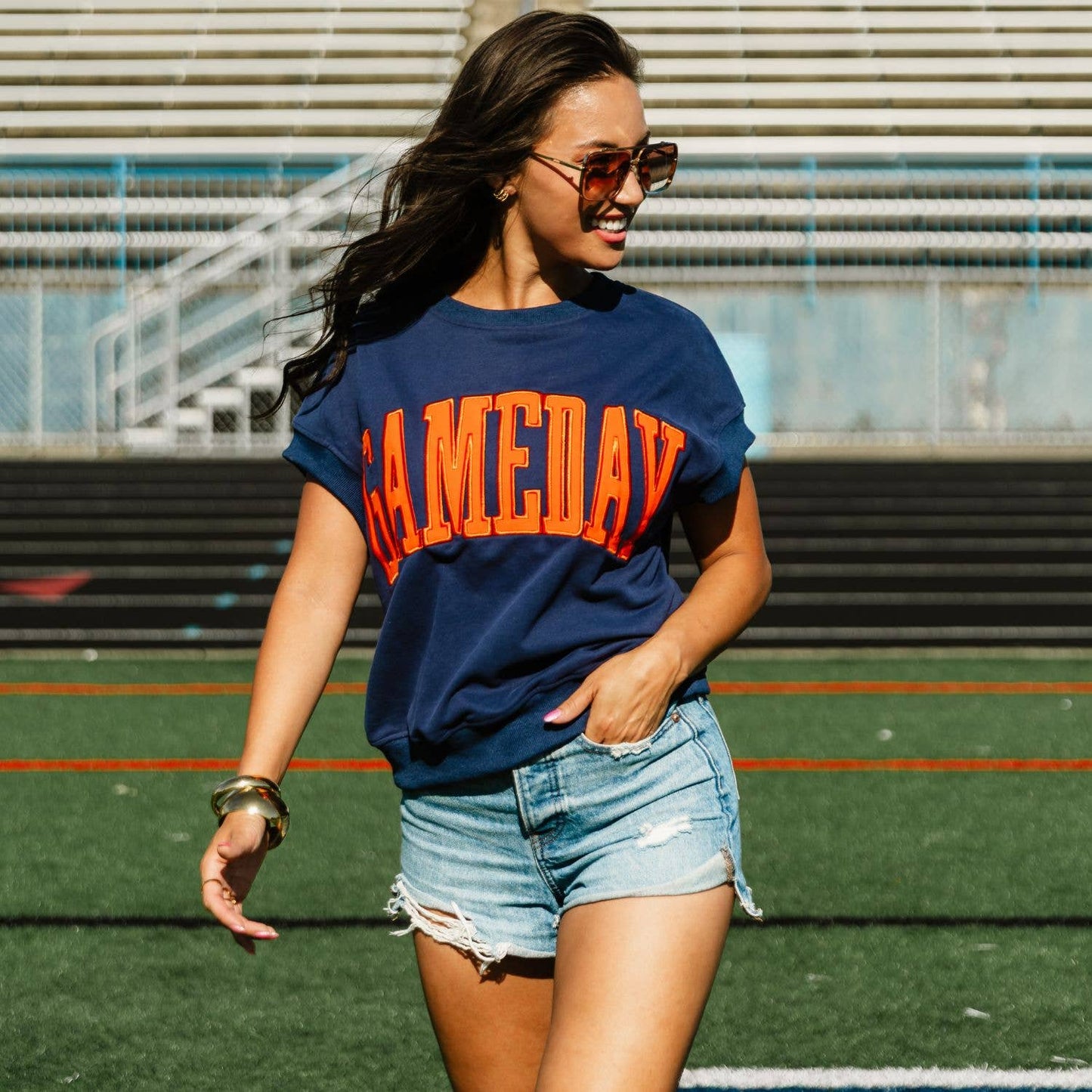 Navy & Orange Game Day Short Sleeve Sweatshirt