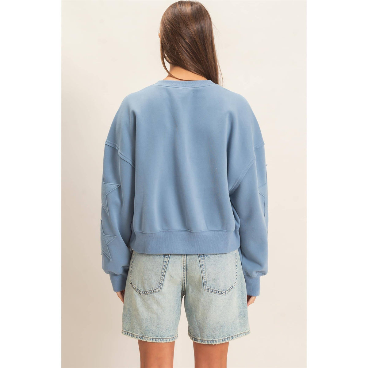 Star Patch Sleeve Sweatshirt: DUSTY BLUE