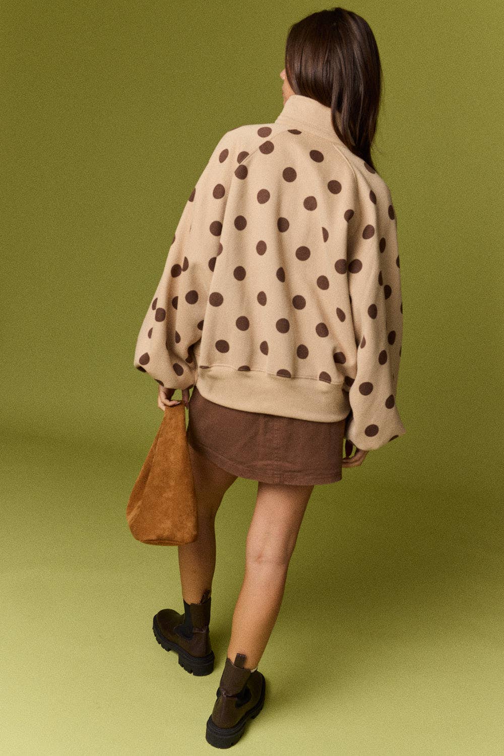 Collar Half-Snap Button  Polka Dot Sweatshirt: WHITE/BROWN DOT