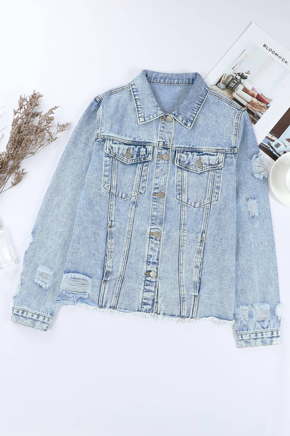 Distressed Raw Hem Buttons Denim Jacket