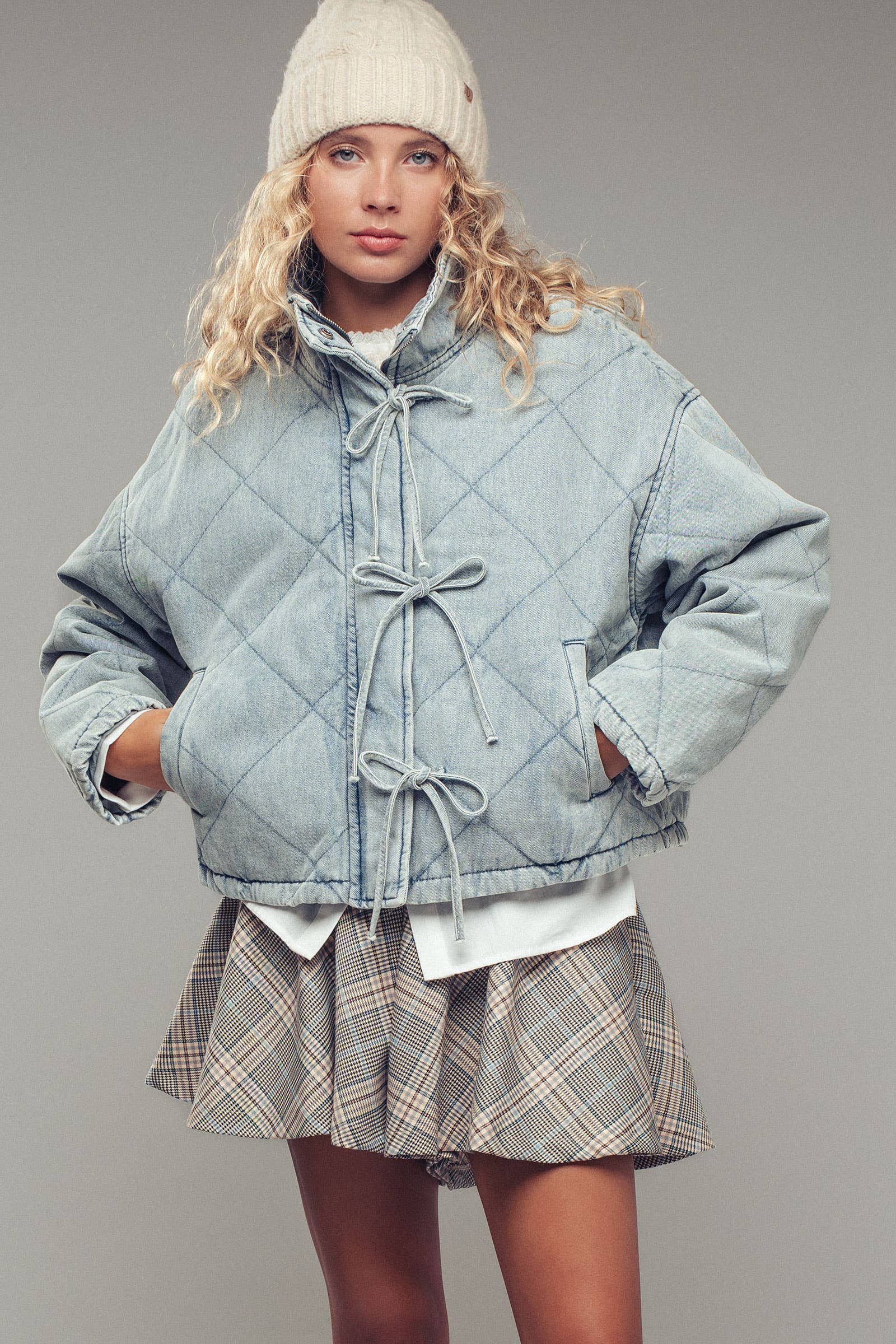 Oversized Quilted Denim Tie-Front Jacket: LT DENIM