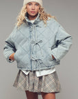 Oversized Quilted Denim Tie-Front Jacket: LT DENIM