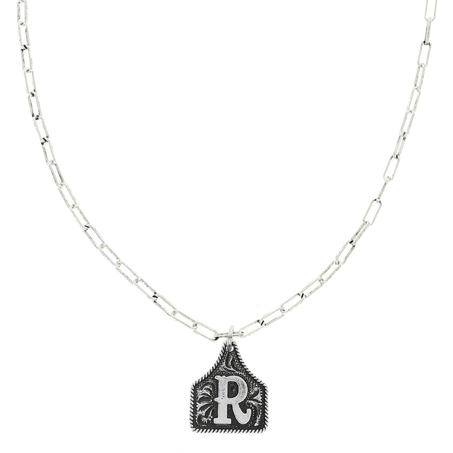 Western Letter Initial Etched Cattle Tag Pendant Necklace