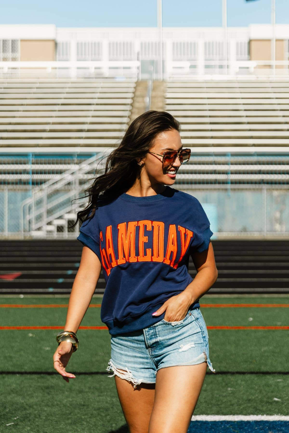 Navy & Orange Game Day Short Sleeve Sweatshirt