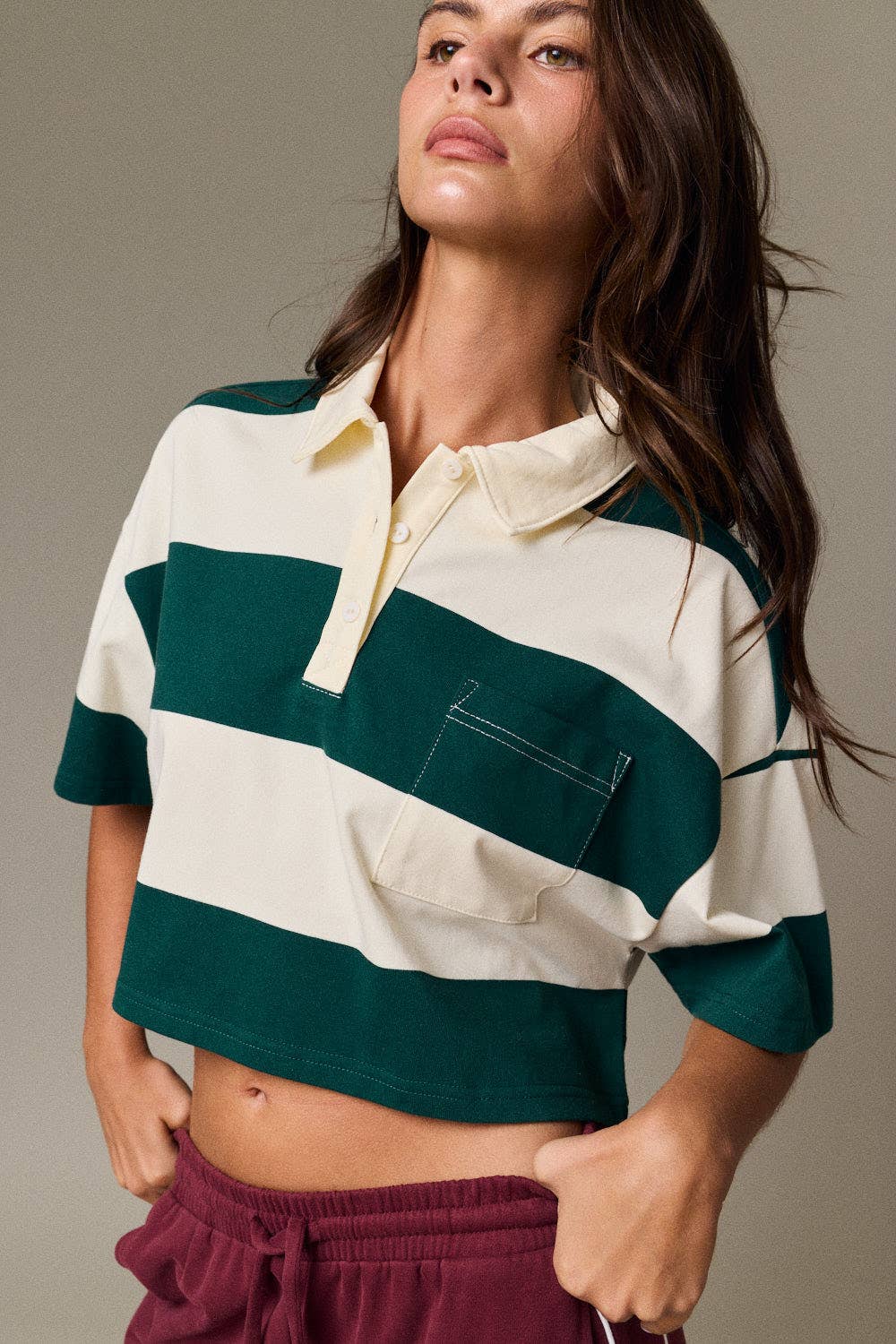 Cropped Rugby Stripe Polo Top  : IVORY/HUNTER