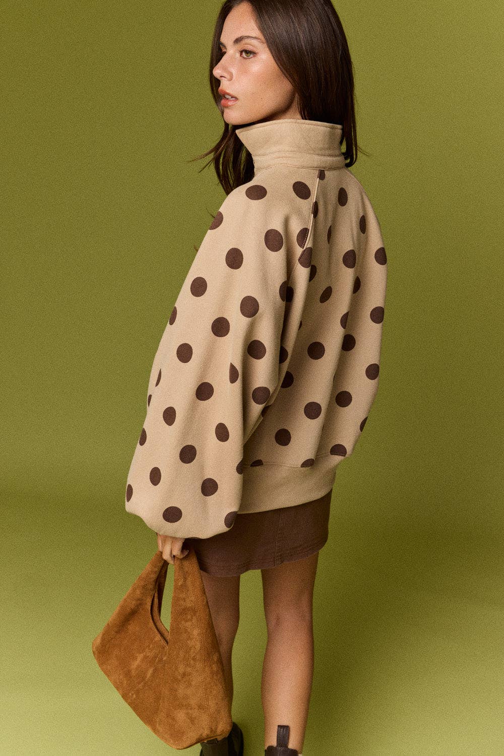 Collar Half-Snap Button  Polka Dot Sweatshirt: WHITE/BROWN DOT