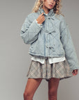 Oversized Quilted Denim Tie-Front Jacket: LT DENIM