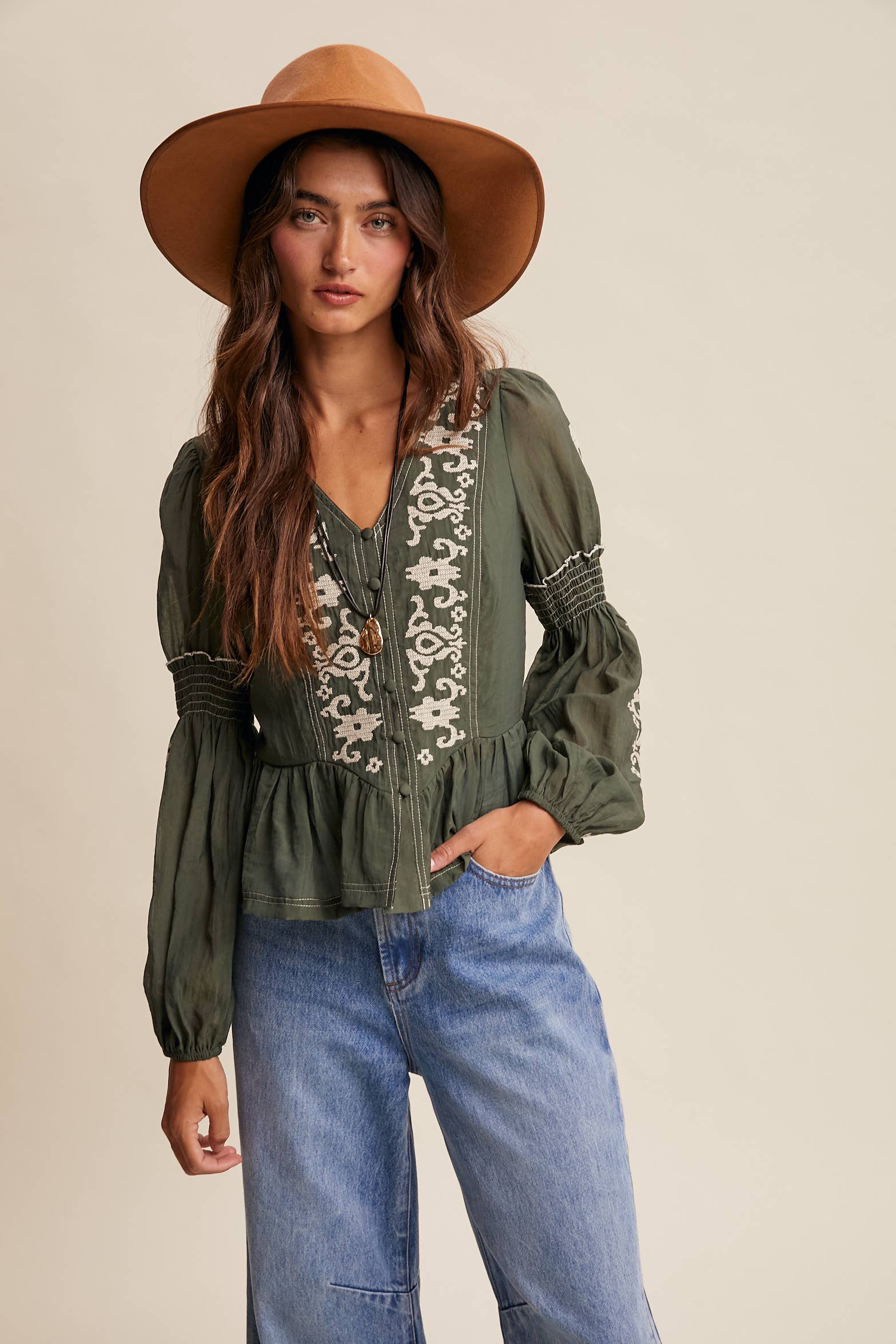 Embroidered Peplum Blouse LT1433: Navy