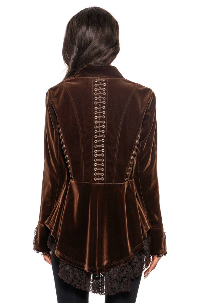 BROWN VELVET JACKET WITH LACE AND GROMENT TRIMMING