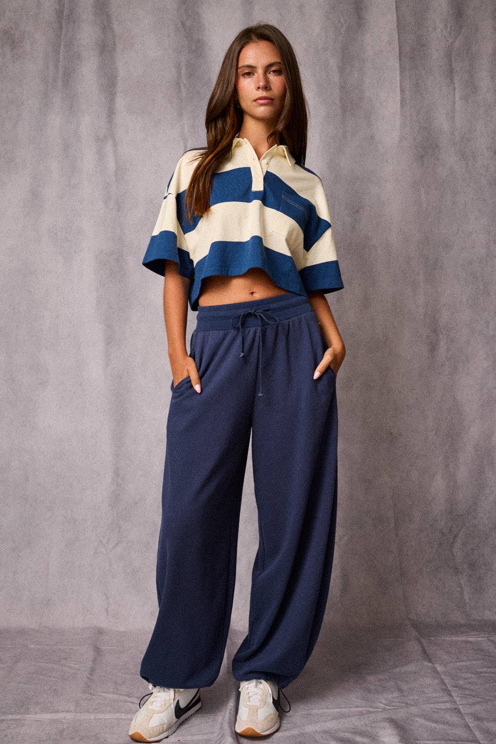 Cropped Rugby Stripe Polo Top  : IVORY/HUNTER