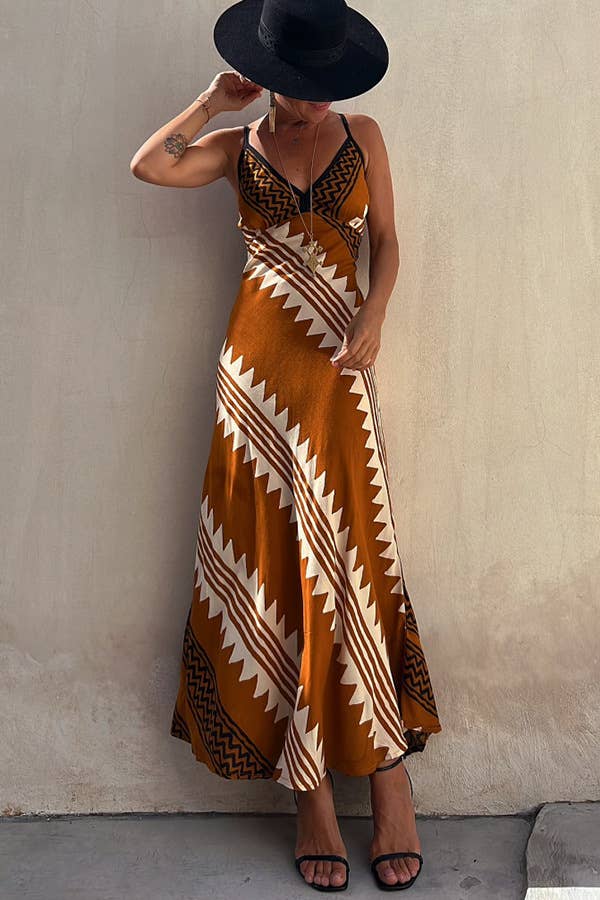 Ethnic Print Slip Midi Dress: Brown