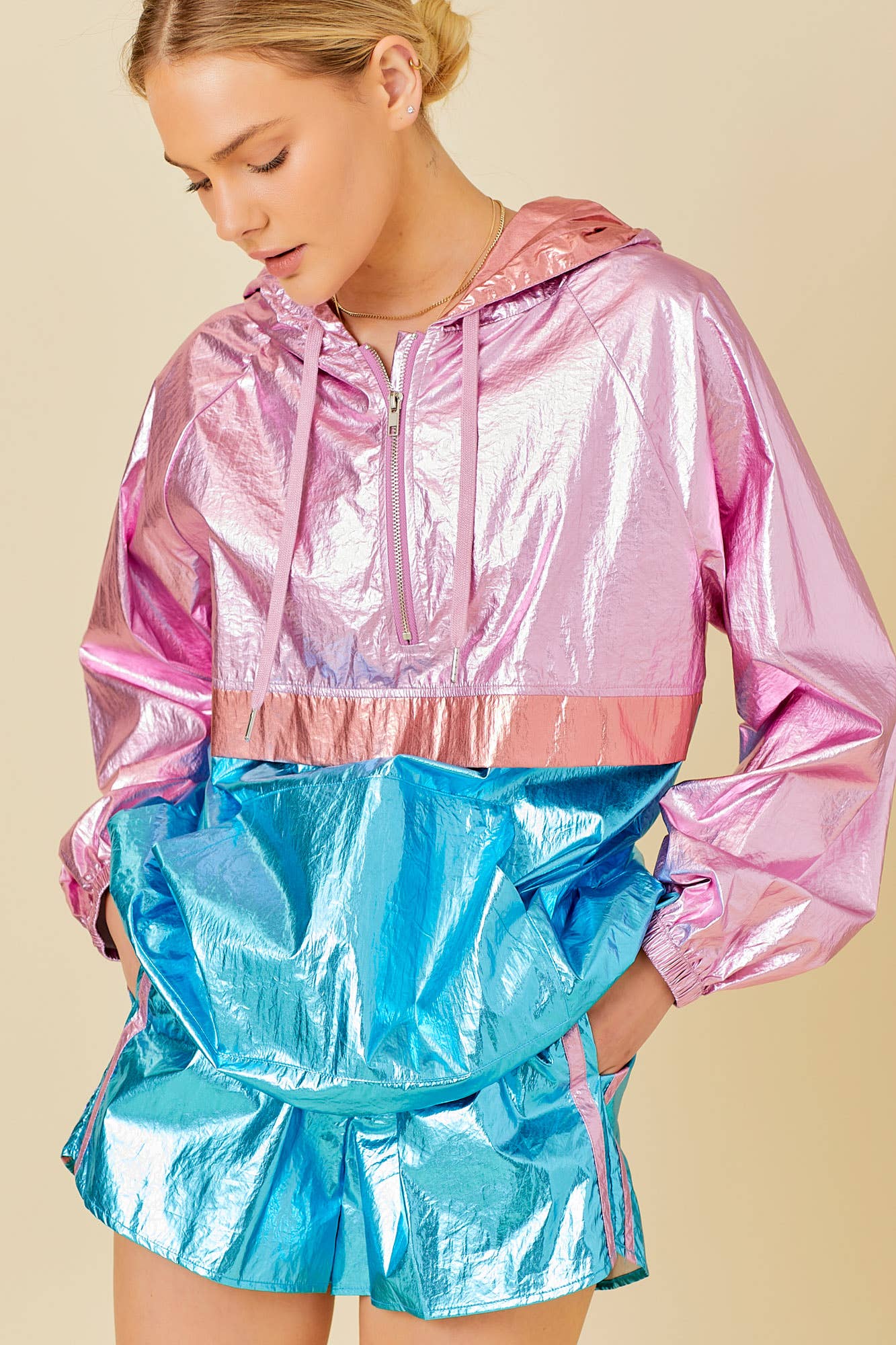 Color Block Hoodie Metalic Windbreaker: BLUE MULTI