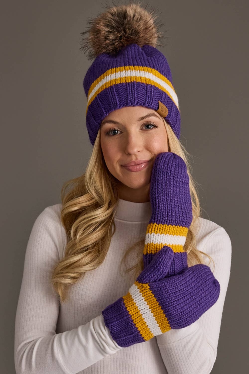 Purple, Gold & White Knit Pom Hat