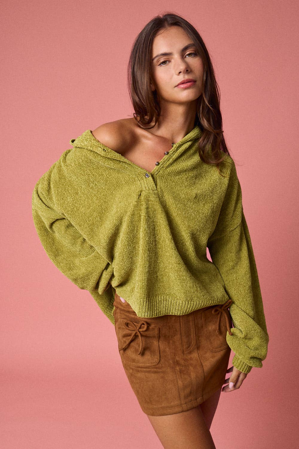 Oversized Button-Up Knit Sweater: MOSS GREEN
