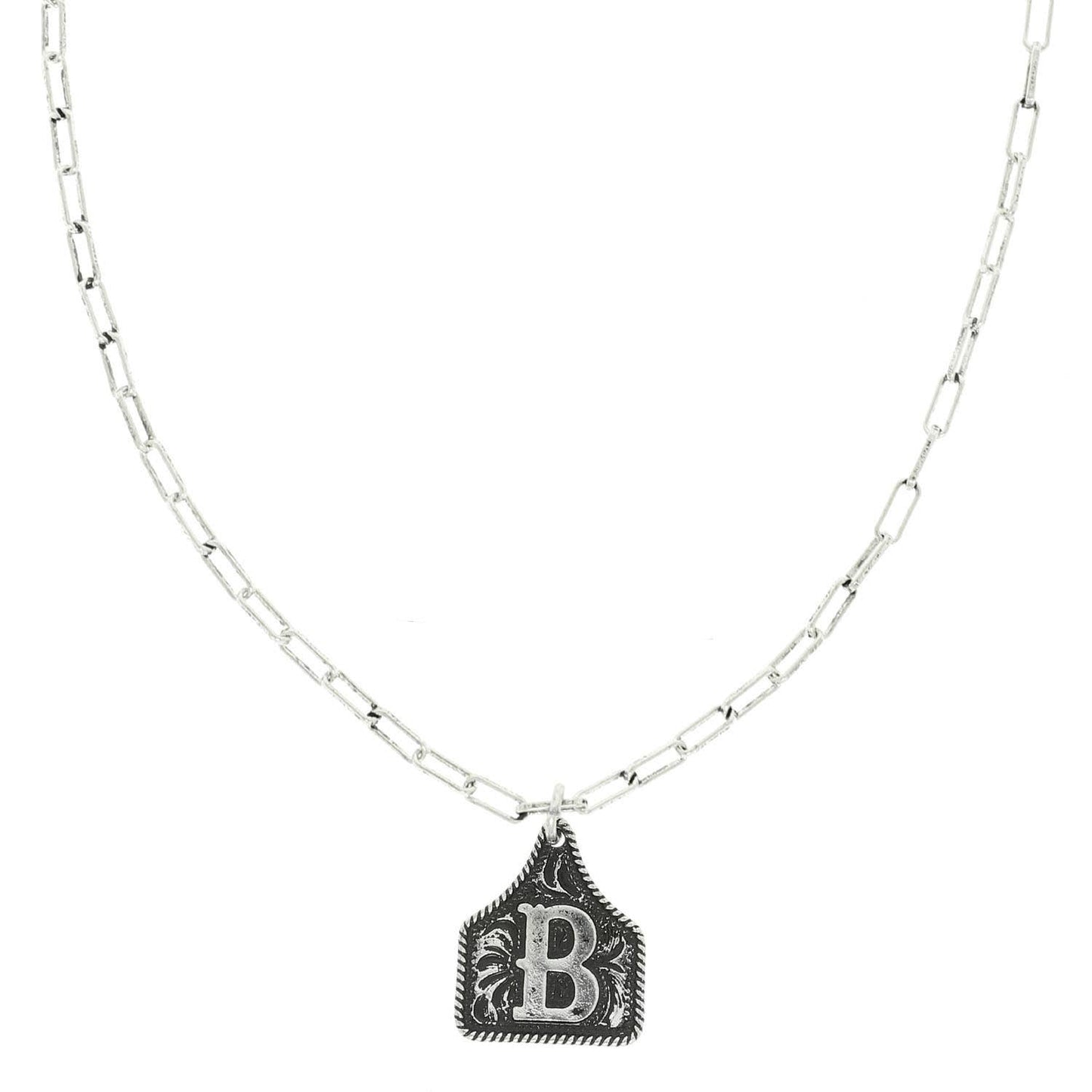 Western Letter Initial Etched Cattle Tag Pendant Necklace